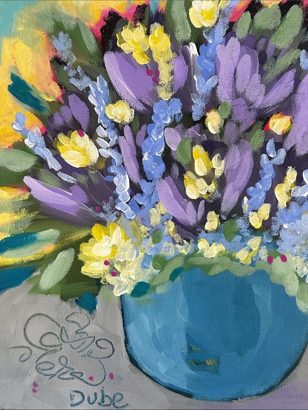 Expressionist Floral Bouquet Painting Blue Vase Signed 12x12" Canvas Panel